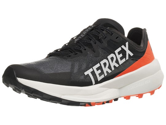 adidas Terrex Agravic Speed running shoes. Upper is orange and black. Midsole is white