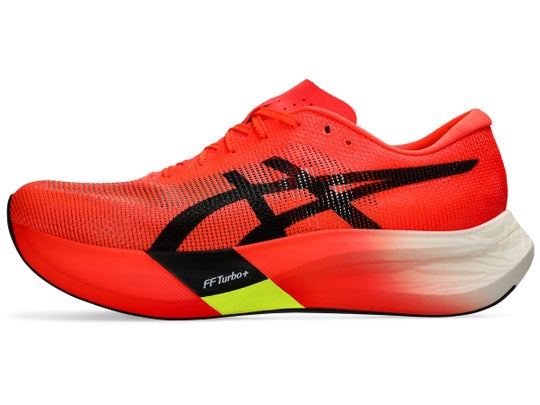 best running racing shoe ASICS Metaspeed Paris running shoe. pink upper with black asics logo.