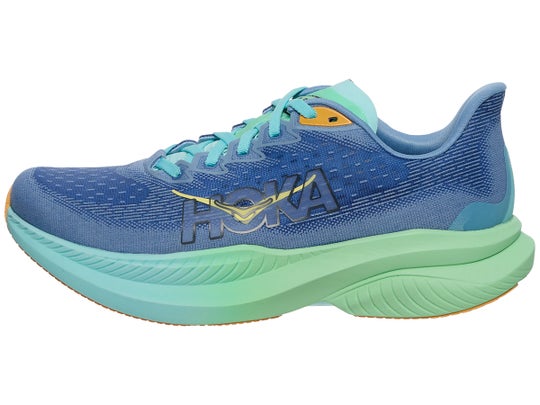 HOKA Mach 6 running shoe. Upper is blue. Midsole is blue and green.