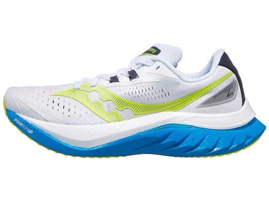 Saucony Endorphin Speed 4 running shoe. Upper is white and midsole is blue and white.