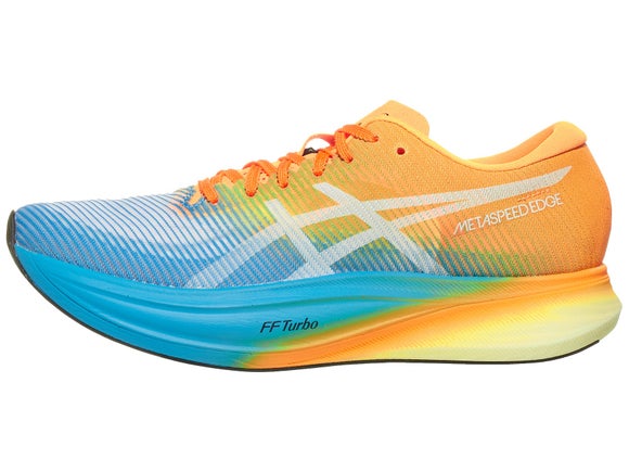 ASICS METASPEED Edge+ running shoe. Upper is orange and blue and the midsole is orange and blue