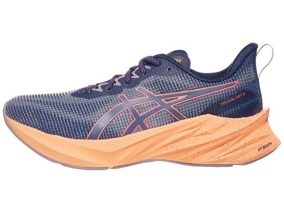 ASICS Novablast 3. Black upper with orange ASICS logo and orange gradient in the midsole.