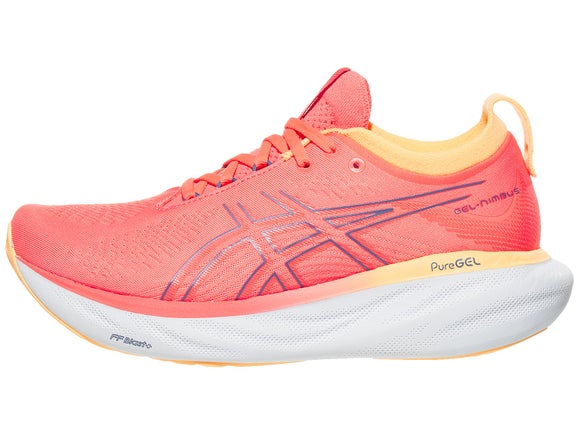 ASICS Gel Nimbus 24 running shoe. Upper is pink with purple trimmed ASICS logo and the midsole is white. 