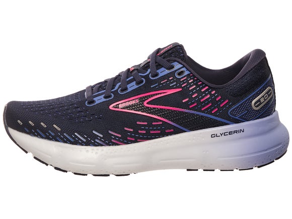 Brooks Glycerin 20 running shoe. Upper is black with pink and purple Brooks logo and midsole is white and purple. 