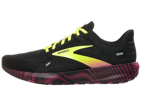 Brooks Launch 9 running shoe. Upper is black with neon yellow and neon pink Brooks logo. Midsole is red and black. 