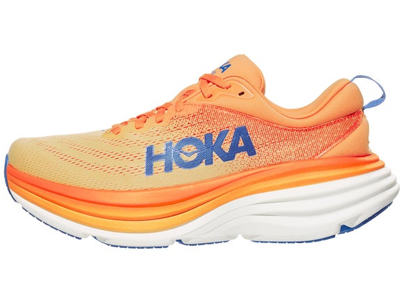 HOKA Bondi 8 running shoe. Upper is orange with blue nike logo. The midsole is white. 