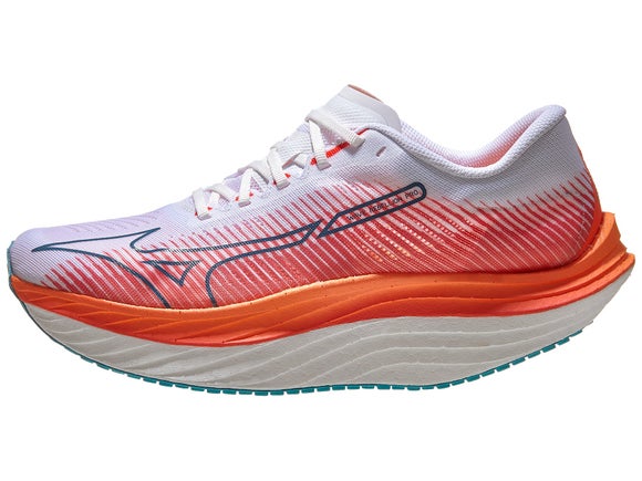 Mizuno Wave Rebellion Pro running shoe. Upper is white with an overlay of coral pink. The midsole is bright orange.