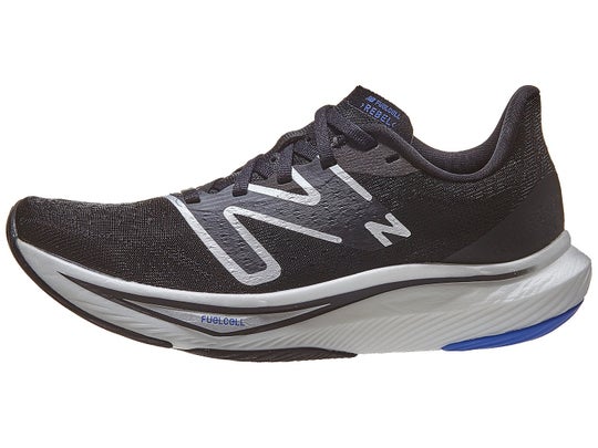 New Balance FuelCell Rebel v3 running shoe. Upper is black with a grey New Balance logo and the midsole is white