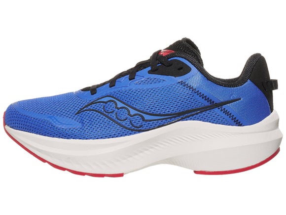 Saucony Axon 3 running shoe. Upper is blue with Saucony logo outlined in black. Midsole is white. 