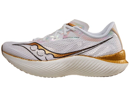 Men's Saucony Endorphin Pro 3 running shoe. Upper is gold and white. Midsole is white.