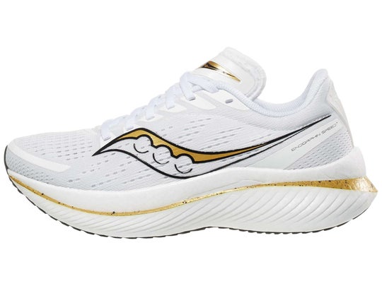 Saucony Endorphin Pro 3 running shoe. Upper is white and gold and midsole is white