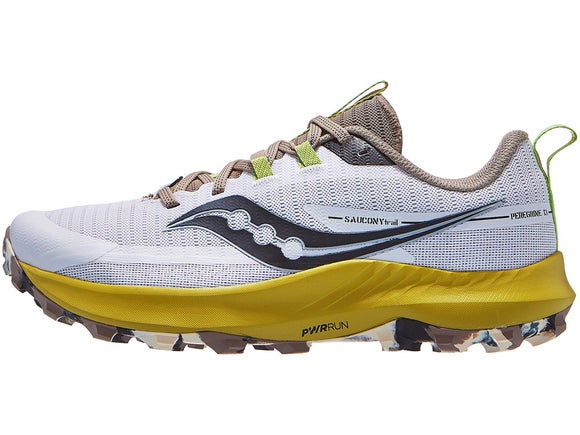Saucony Peregrine 13 trail running shoe. Upper is white with a grey Saucony logo. The midsole is gold. 