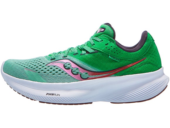 Saucony Ride 15 running shoe. Upper is green in colour with a pink Saucony logo. The midsole is white in colour. 