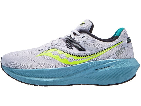 Saucony Triumph 20 running shoe. Upper is grey with neon green Saucony logo and midsole is teal blue.