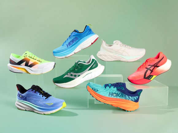 Seven single pair of best running shoes of 2024 stacked on top of boxes featuring ASICS Novablast, HOKA Clifton, Saucony Endorphin Speed, HOKA Skyward X, HOKA Challenger, Nike Vaporfly and HOKA Bondi 