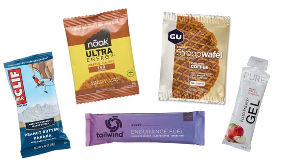 collage of nutritional snacks Honey Stinger Waffle, Trail butter, GU gel